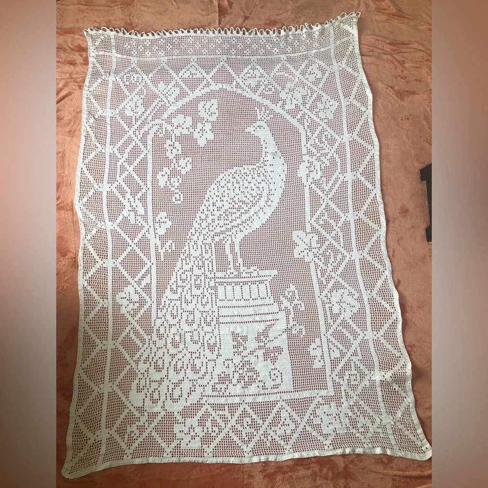 Vintage Crochet Peacock Textile Tapestry / Dapple Curtain 49x75
